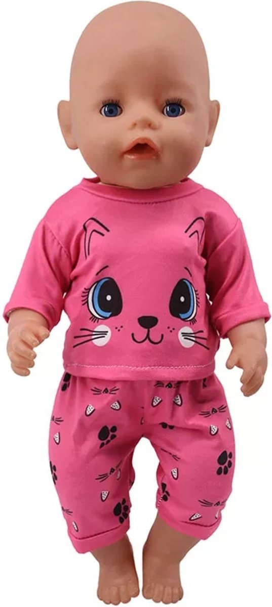 Poppenkleertjes - Geschikt voor Baby Born - Roze pyjama set - Kat - Jongen of meisje pop